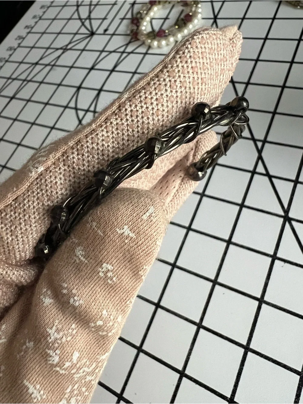 Vintage Gunmetal Twisted Wire Vine Cuff Bracelet Beaded Statement